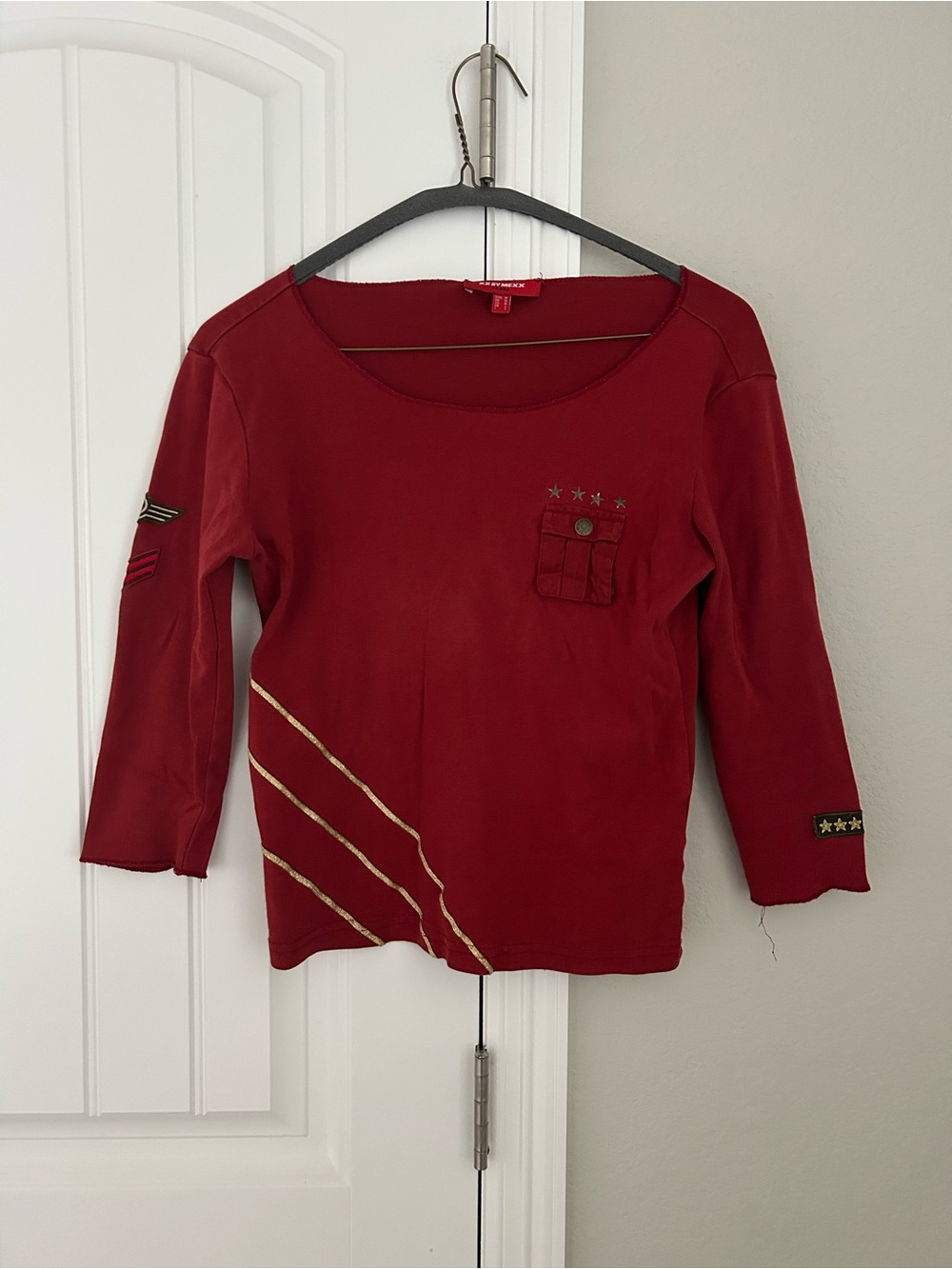 Women's Red Long-Sleeve Scoop Neck Top with Star Accents